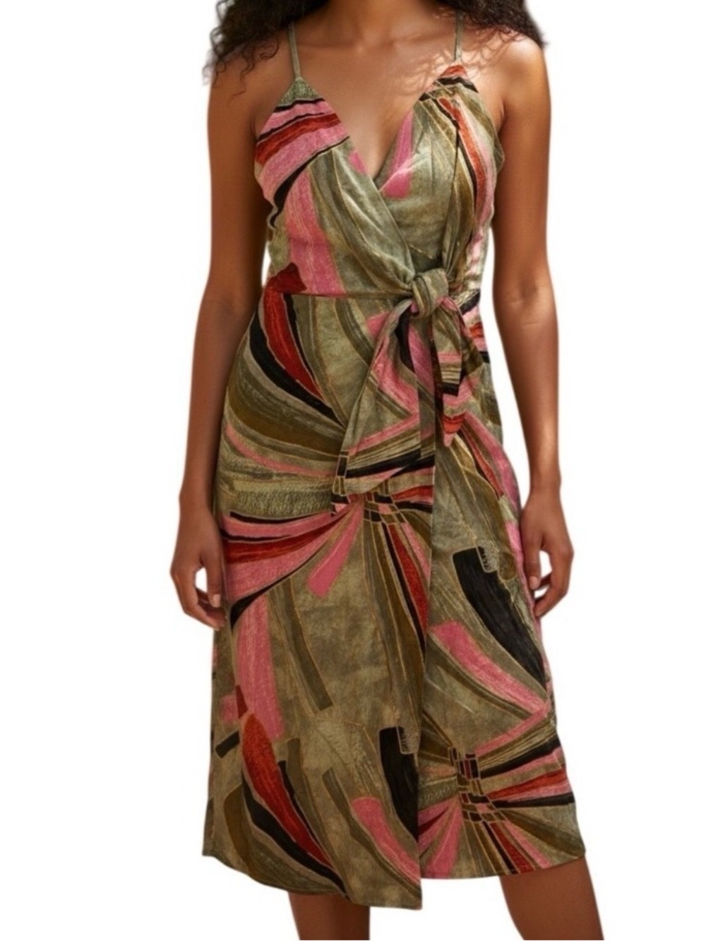 JASON WU Abstract Printed Faux Wrap Linen Blend Midi Dress Size 2